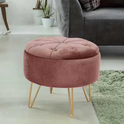 Elegantní taburet DRAVIEN s úložným prostorem - růžový / zlatý