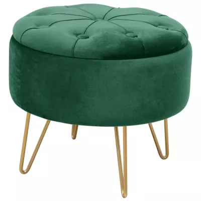 Elegantní taburet DRAVIEN s úložným prostorem - láhvově zelený / zlatý