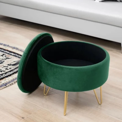 Elegantní taburet DRAVIEN s úložným prostorem - láhvově zelený / zlatý