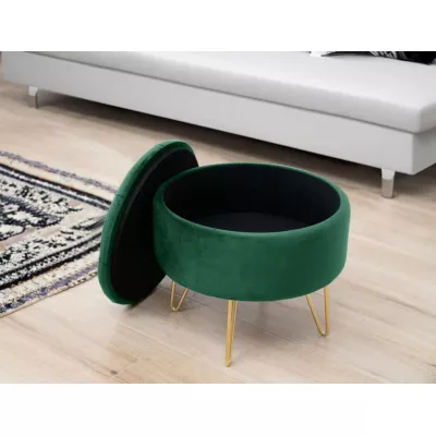 Elegantní taburet DRAVIEN s úložným prostorem - láhvově zelený / zlatý