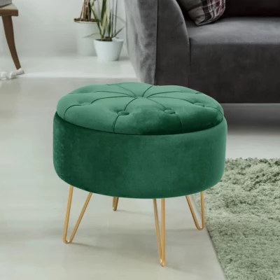 Elegantní taburet DRAVIEN s úložným prostorem - láhvově zelený / zlatý