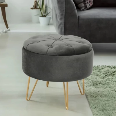 Elegantní taburet DRAVIEN s úložným prostorem - šedý / zlatý