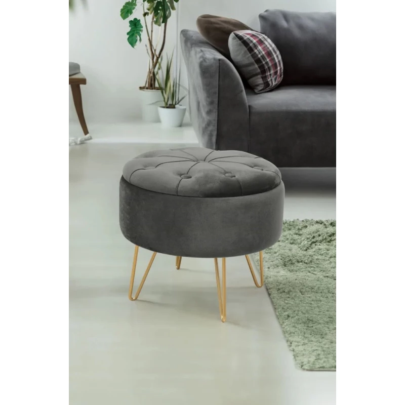Elegantní taburet DRAVIEN s úložným prostorem - šedý / zlatý
