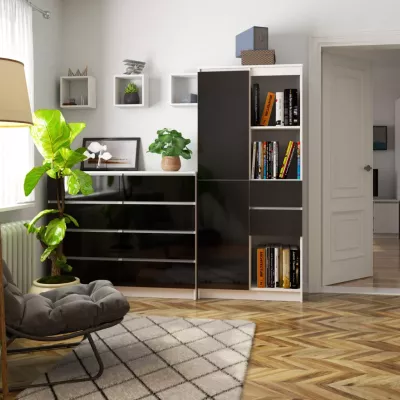 Vysoký regál se šuplíky VALESTRA - bílý / černý lesklý