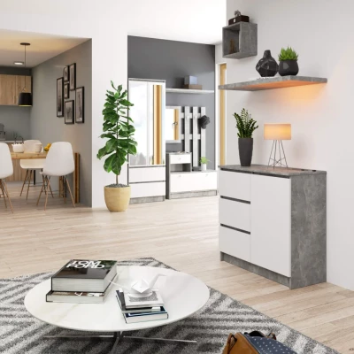 Komoda s šuplíky a dvířky CIELA - beton / bílá