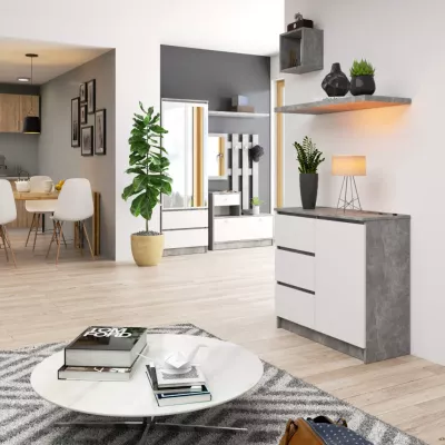 Komoda s šuplíky a dvířky CIELA - beton / bílá