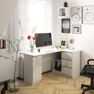 Rohový psací stůl SILAN - bílý / bílý lesklý, pravé provedení