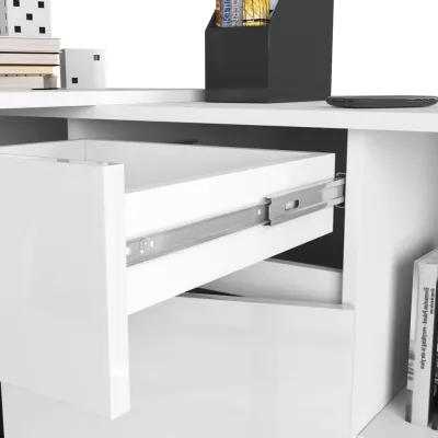 Rohový psací stůl s komodou RALIO - bílý / bílý lesklý