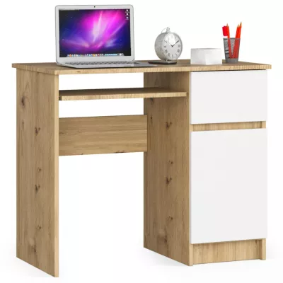PC stůl KALRION - dub artisan / bílý, pravé provedení