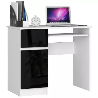 PC stůl KALRION - bílý / černý lesklý, levé provedení
