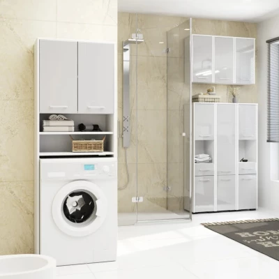 Koupelnová skříňka nad pračku MERALYA - bílá / světle šedá lesklá