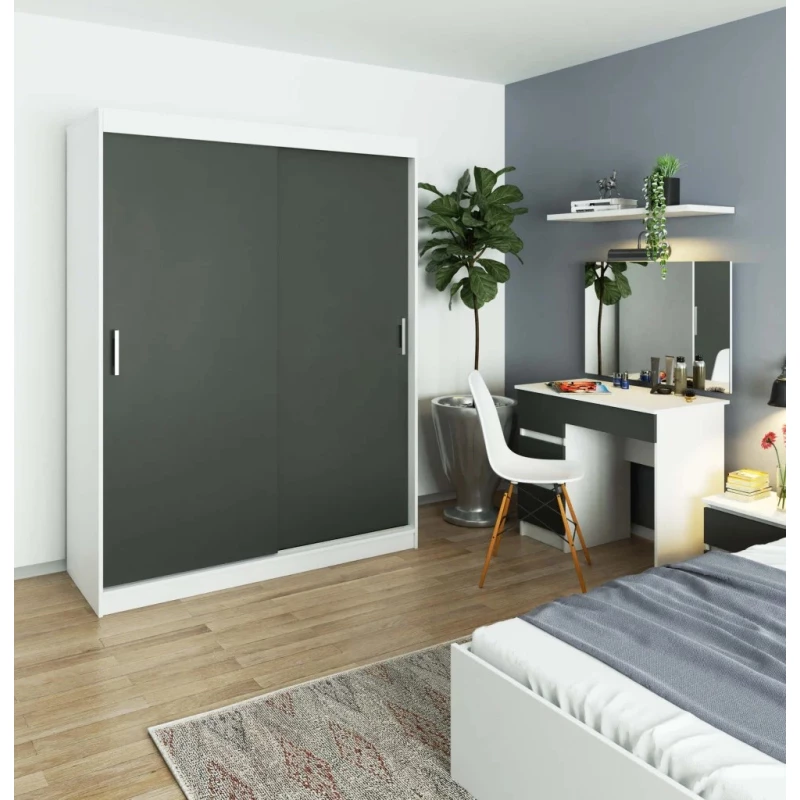 Prostorná šatní skříň 150 cm VALESTRA - bílá / tmavě šedá