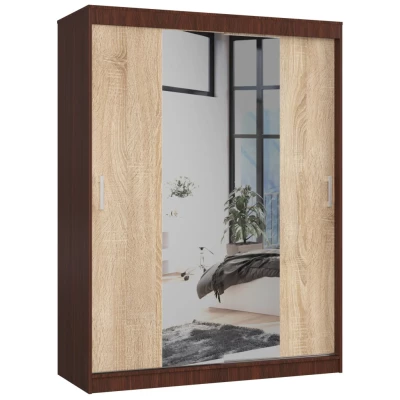 Prostorná šatní skříň 150 cm VALESTRA se zrcadly - wenge / dub sonoma