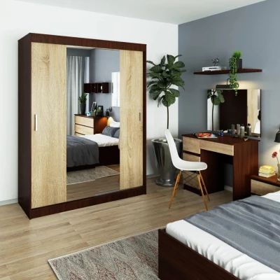 Prostorná šatní skříň 150 cm VALESTRA se zrcadly - wenge / dub sonoma