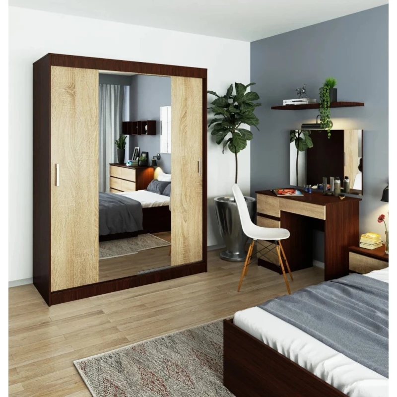 Prostorná šatní skříň 150 cm VALESTRA se zrcadly - wenge / dub sonoma