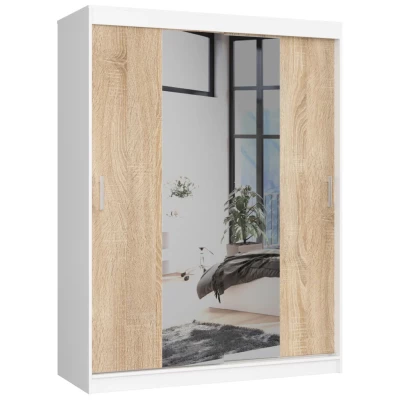 Prostorná šatní skříň 150 cm VALESTRA se zrcadly - bílá / dub sonoma