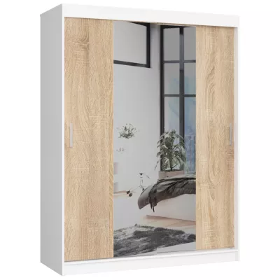 Prostorná šatní skříň 150 cm VALESTRA se zrcadly - bílá / dub sonoma
