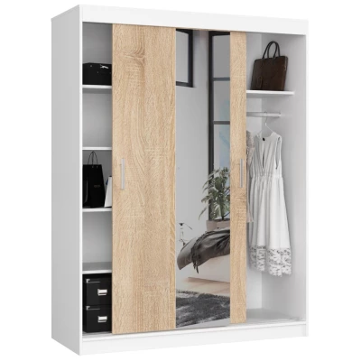 Prostorná šatní skříň 150 cm VALESTRA se zrcadly - bílá / dub sonoma