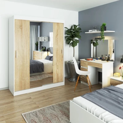 Prostorná šatní skříň 150 cm VALESTRA se zrcadly - bílá / dub sonoma