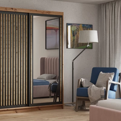 Šatní skříň s lamelami a zrcadlem 160 cm WARDERO - dub artisan / černá / dub artisan