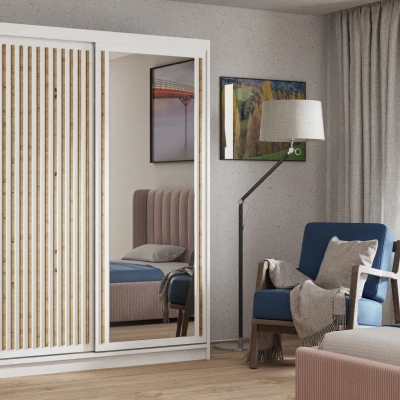 Šatní skříň s lamelami a zrcadlem 100 cm WARDERO - bílá / dub artisan