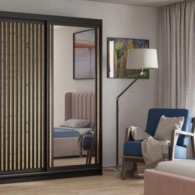 Šatní skříň s lamelami a zrcadlem 100 cm WARDERO - černá / dub artisan
