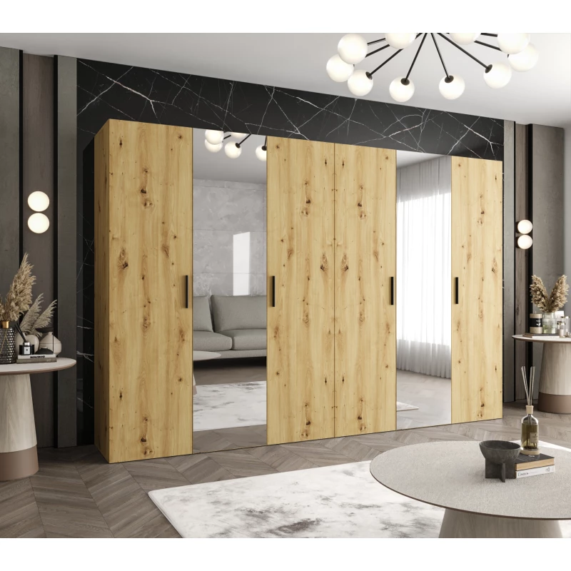 Šatní skříň se zrcadly HELMA 2 300 cm - dub artisan / černé úchyty