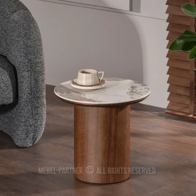 Kulatý odkládací stolek NICANOR - béžový mramor / ořech