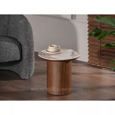 Kulatý odkládací stolek NICANOR - béžový mramor / ořech