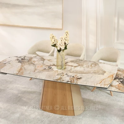 Designový rozkládací stůl 200(300)x98 PEREGRINE - béžový mramor / dub / béžový