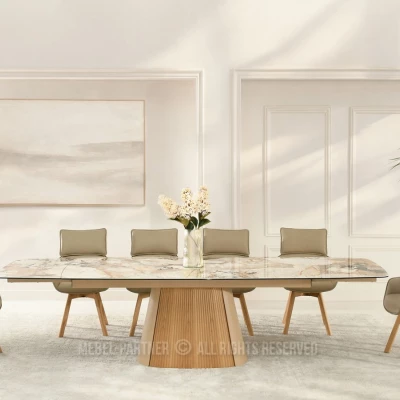 Designový rozkládací stůl 200(300)x98 PEREGRINE - béžový mramor / dub / béžový