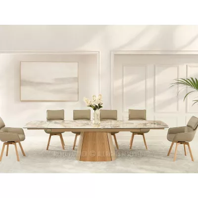 Designový rozkládací stůl 200(300)x98 PEREGRINE - béžový mramor / dub / béžový