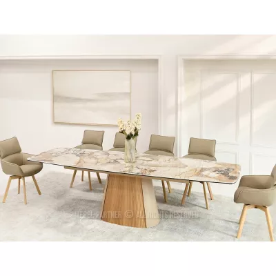 Designový rozkládací stůl 200(300)x98 PEREGRINE - béžový mramor / dub / béžový