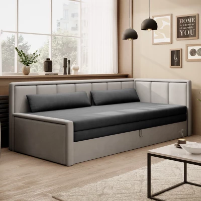 Rozkládací válenda s úložným prostorem 75x200 SLORA - tmavě šedá / světle šedá, pravé provedení