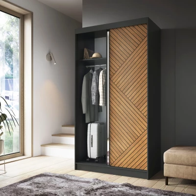 Šatní skříň se zrcadlem a posuvnými dveřmi 120 cm VALORA - černá / dub karamel