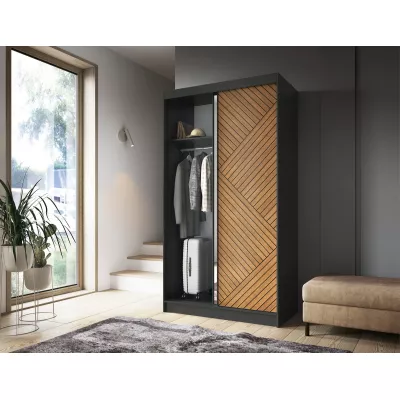 Šatní skříň se zrcadlem a posuvnými dveřmi 120 cm VALORA - černá / dub karamel
