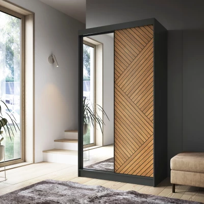 Šatní skříň se zrcadlem a posuvnými dveřmi 120 cm VALORA - černá / dub karamel
