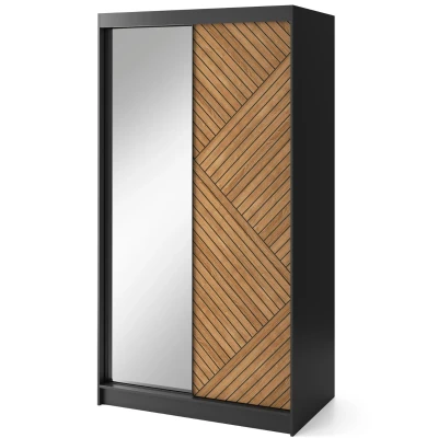 Šatní skříň se zrcadlem a posuvnými dveřmi 120 cm VALORA - černá / dub karamel