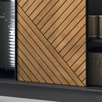 Šatní skříň se zrcadlem a posuvnými dveřmi 180 cm VALORA - černá / dub karamel