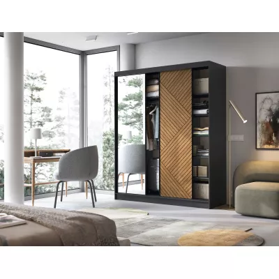 Šatní skříň se zrcadlem a posuvnými dveřmi 180 cm VALORA - černá / dub karamel