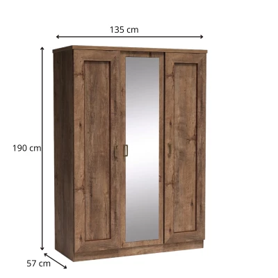 Šatní skříň se zrcadlem GIADA - šířka 135 cm, dub lefkas