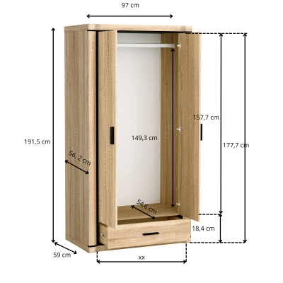 Dvoudveřová šatní skříň AIRA - šířka 97 cm, dub lanýž