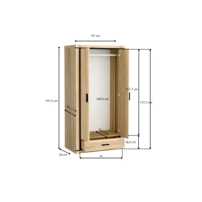 Dvoudveřová šatní skříň AIRA - šířka 97 cm, dub lanýž