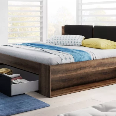 Velká postel SÁRA s polstrovaným čelem a zásuvkou, dub Monastery