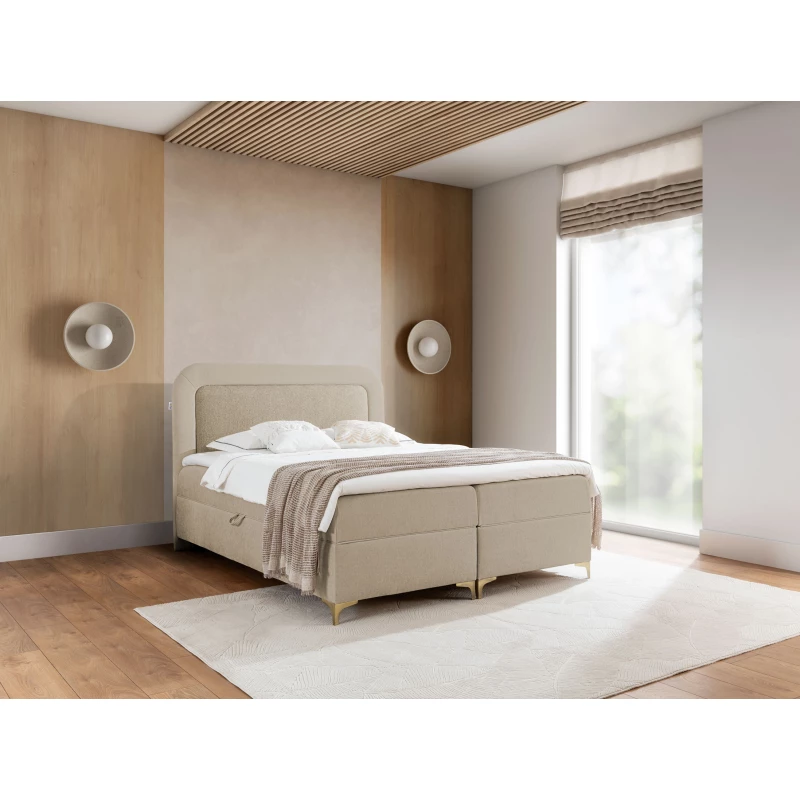 Vyvýšená kontinentální čalouněná postel 200x200 EVELINA - tmavě béžová / světle béžová + topper ZDARMA