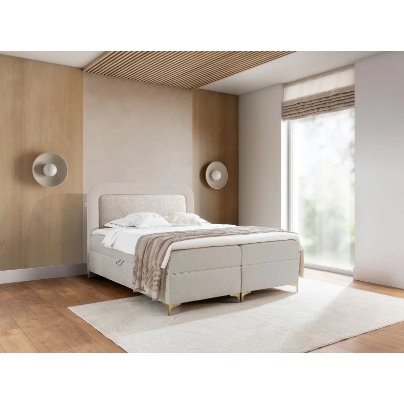 Vyvýšená kontinentální čalouněná postel 180x200 EVELINA - béžová / světle béžová + topper ZDARMA