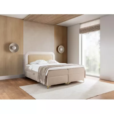 Vyvýšená kontinentální čalouněná postel 180x200 EVELINA - krémová / žlutá + topper ZDARMA