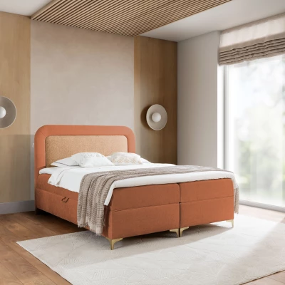 Vyvýšená kontinentální čalouněná postel 180x200 EVELINA - oranžová / cihlová + topper ZDARMA