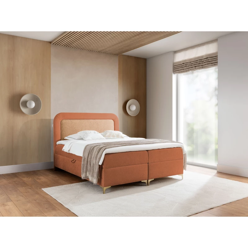 Vyvýšená kontinentální čalouněná postel 180x200 EVELINA - oranžová / cihlová + topper ZDARMA