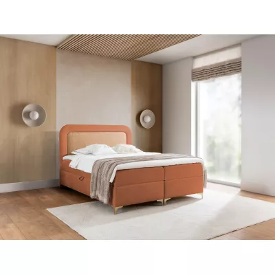 Vyvýšená kontinentální čalouněná postel 180x200 EVELINA - oranžová / cihlová + topper ZDARMA